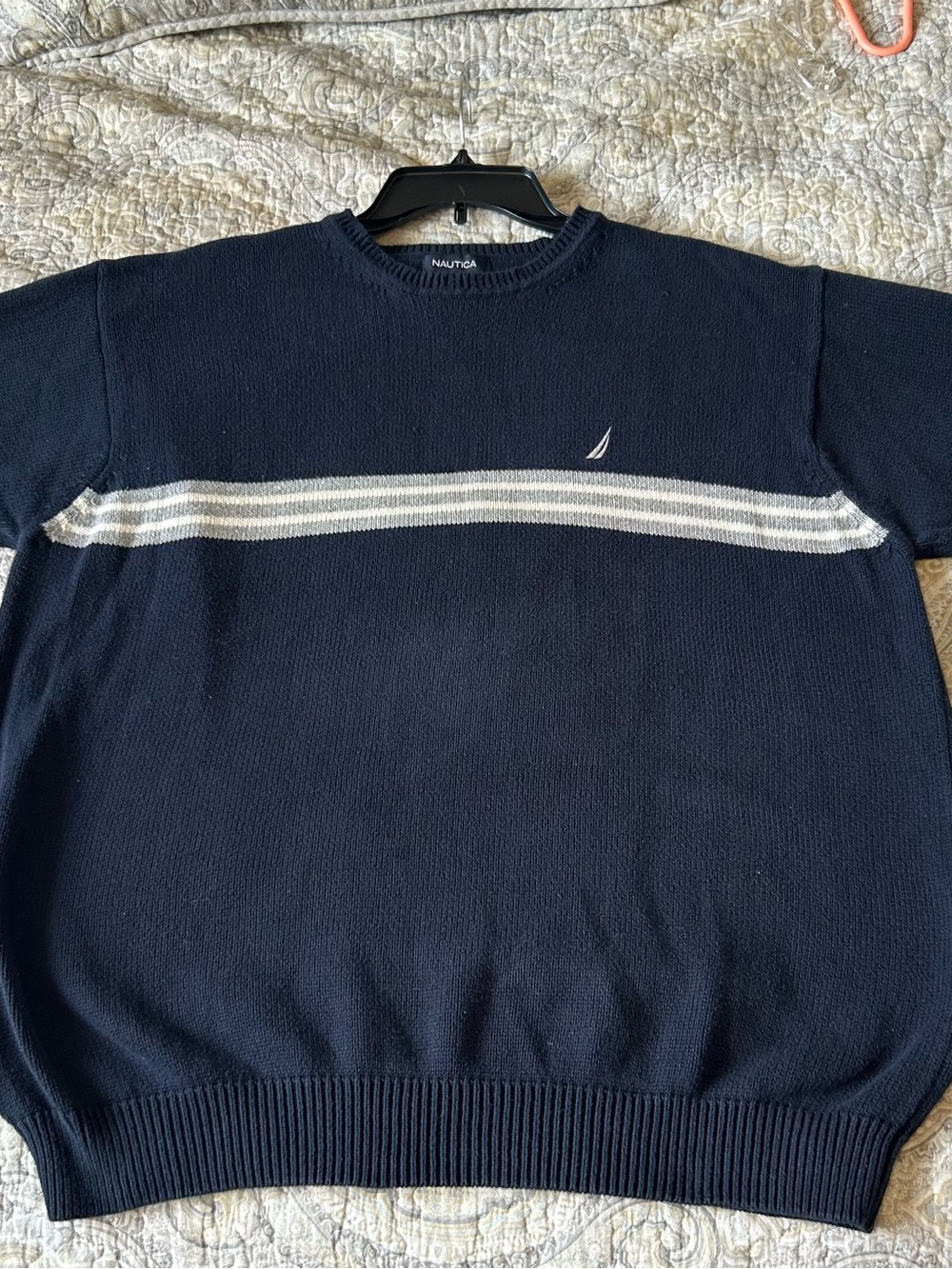 Nautica Navy Crewneck Sweater with White and Light Gray Stripes
